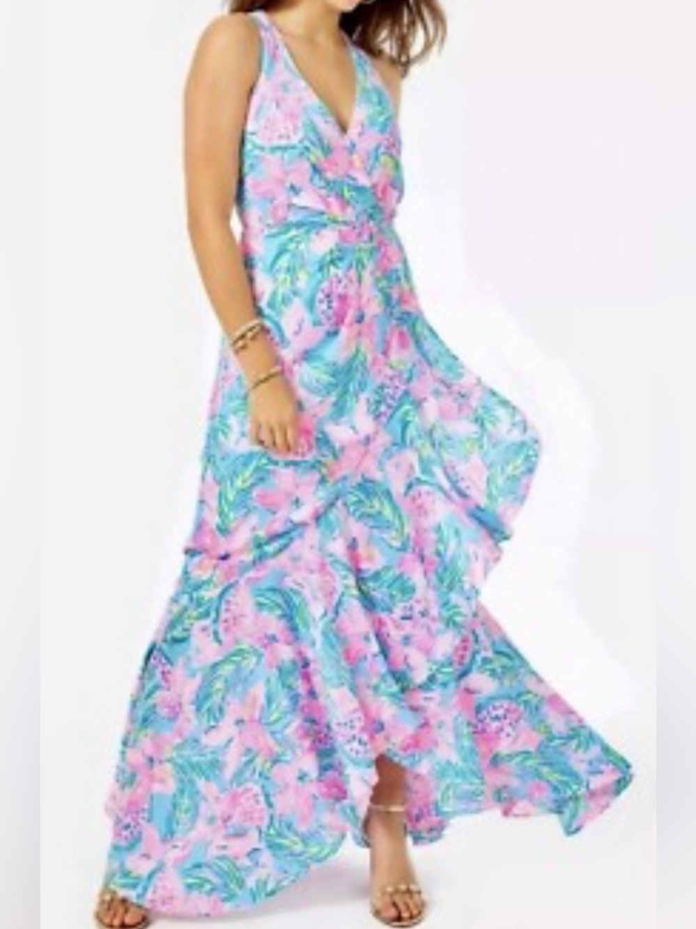 Lilly Pulitzer Pink & Blue Tropical Floral Maxi Dress Size 00